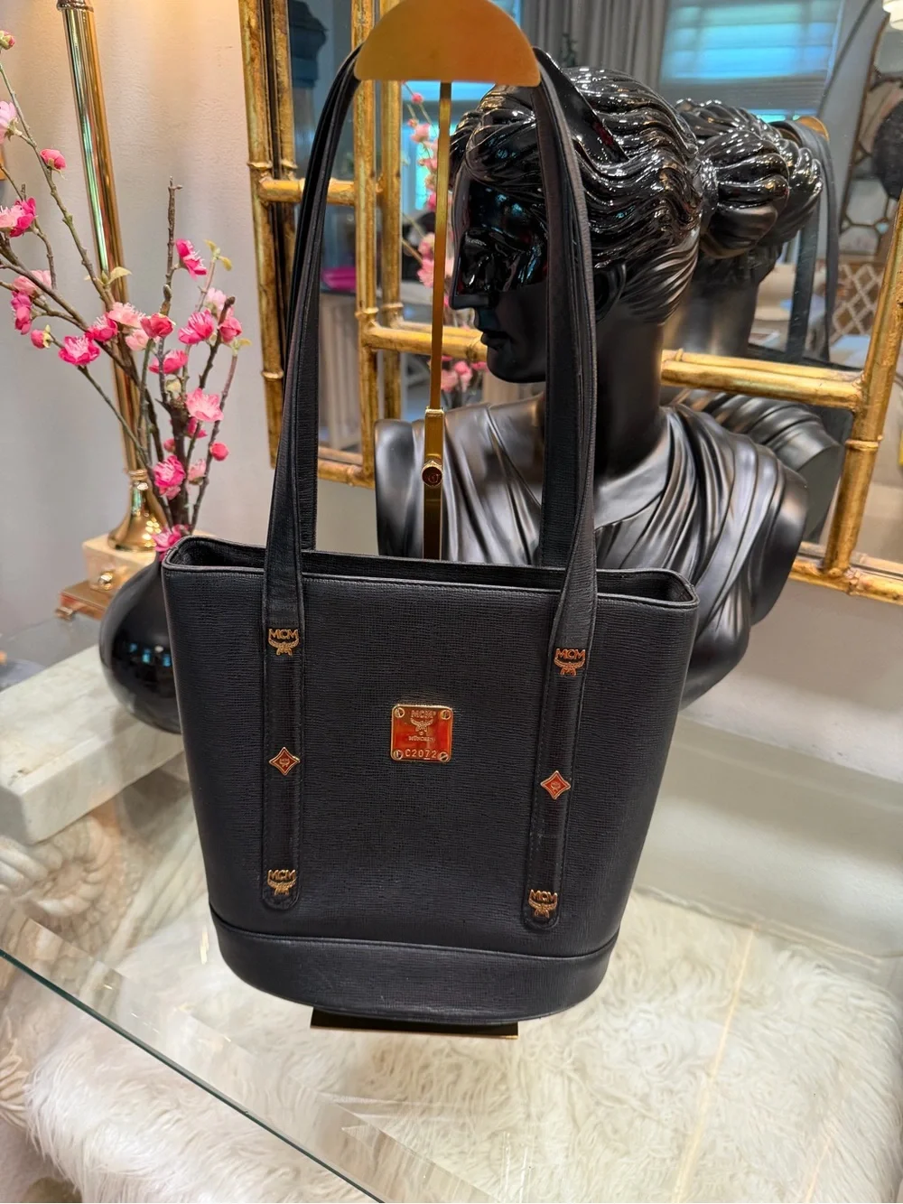 MCM Black Leather satchel zipper Tote with Gold charms + gold Logo Plaque C2072